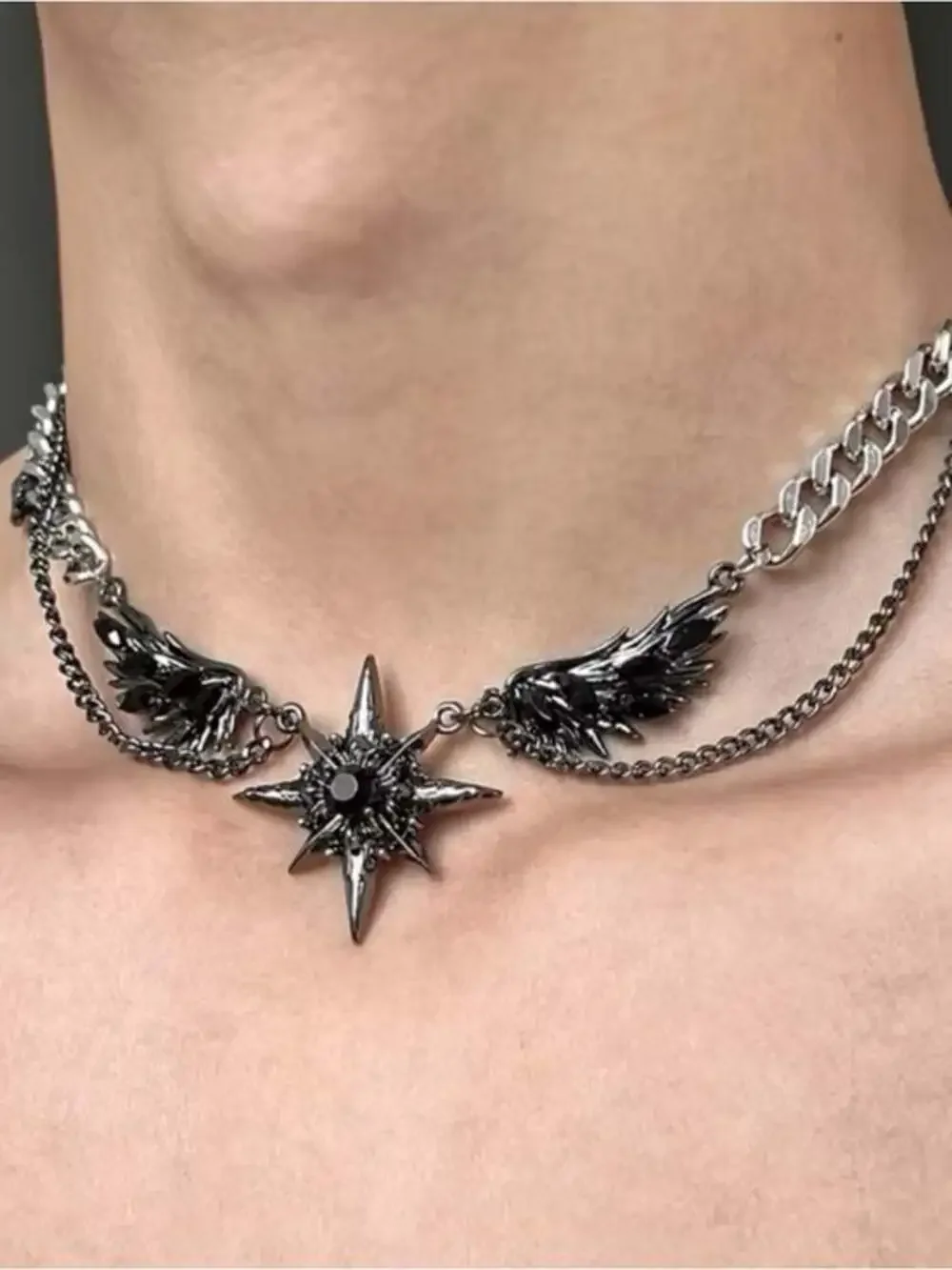 Unisex Black Stainless Steel Star & Wing Chain Necklace